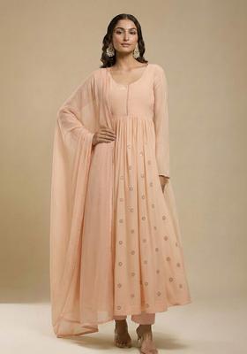 Peach Embroidered Silk Blend Anarkali Set
