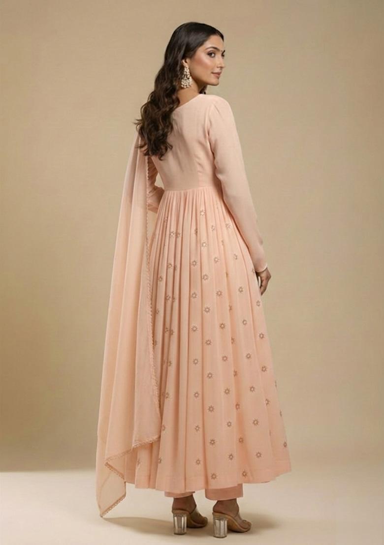 Peach Embroidered Silk Blend Anarkali Set - Indya