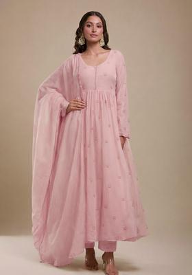 Baby Pink Embroidered Silk Blend Anarkali Set