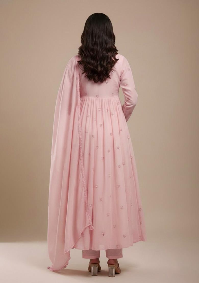 Baby Pink Embroidered Silk Blend Anarkali Set - Indya