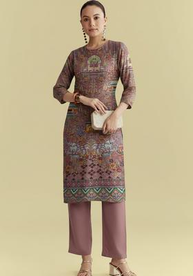 Dusty Pink Printed Crepe Straight Kurta Set
