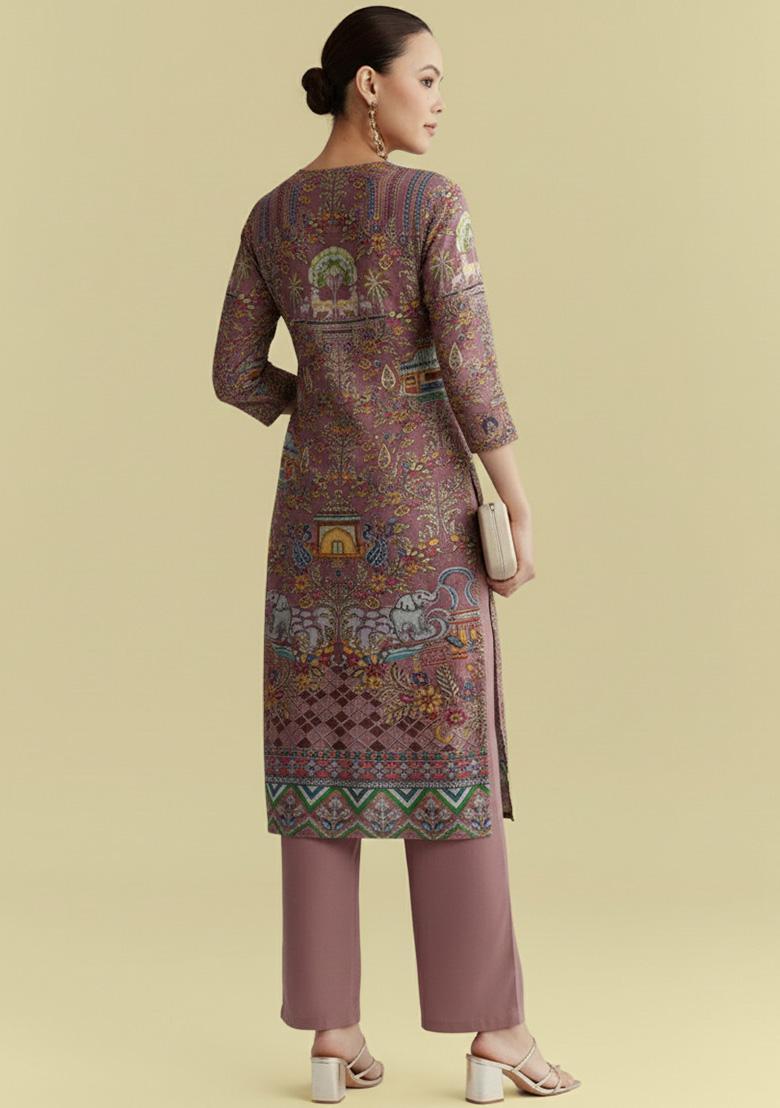 Dusty Pink Printed Crepe Straight Kurta Set - Indya