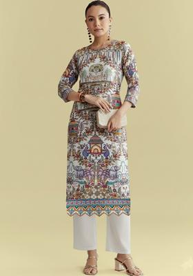 Ivory Printed Crepe Straight Kurta Set