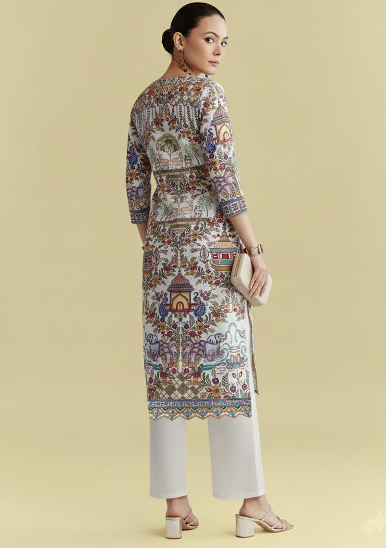 Ivory Printed Crepe Straight Kurta Set - Indya