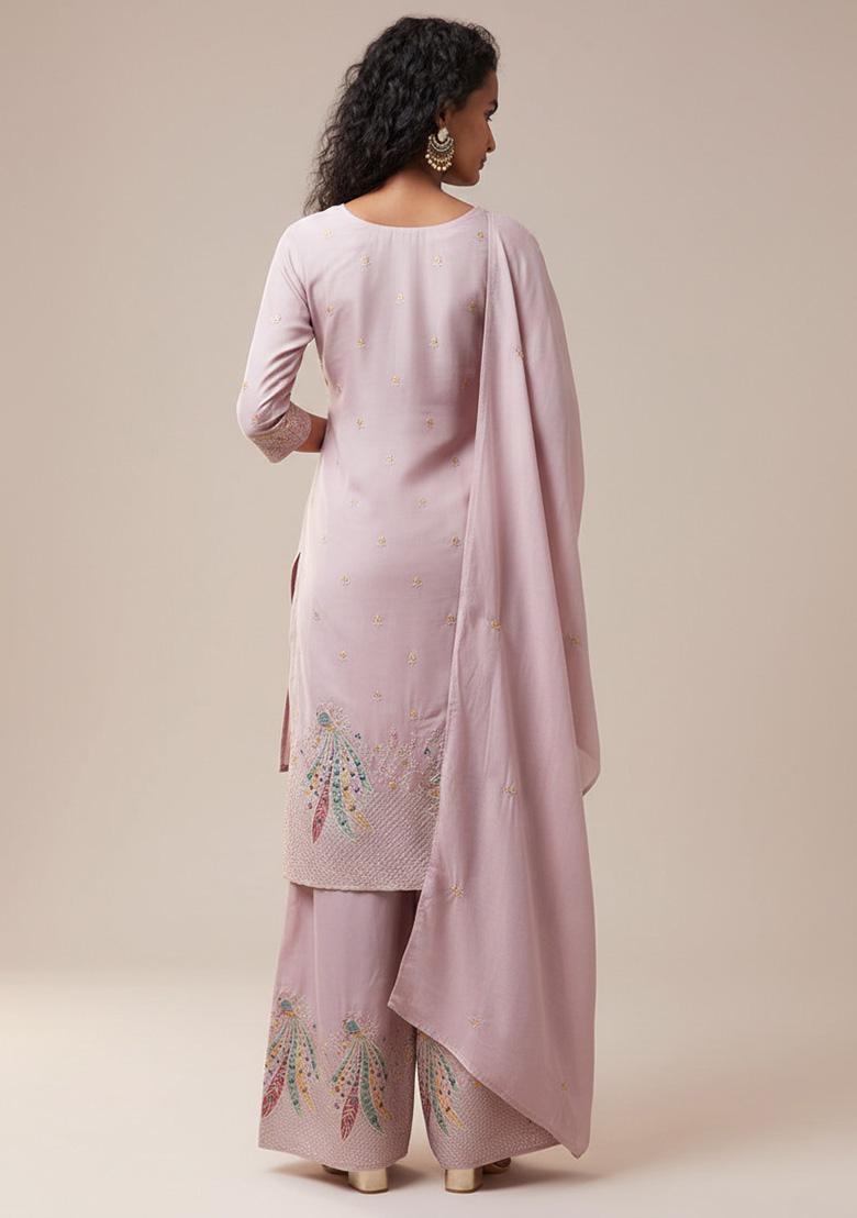 Blush Pink Embroidered Silk Blend Straight Kurta Set - Indya