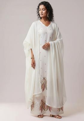 Ivory Embroidered Silk Blend Straight Kurta Set
