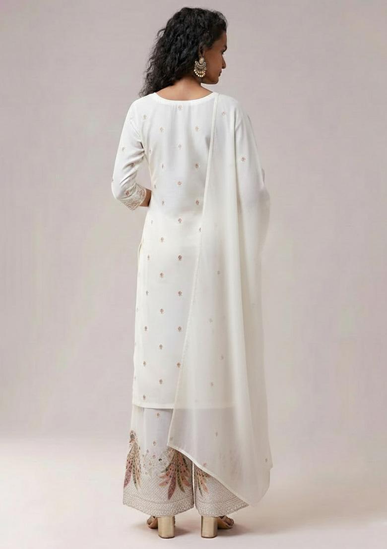 Ivory Embroidered Silk Blend Straight Kurta Set - Indya