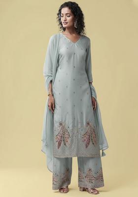Ice Blue Embroidered Silk Blend Straight Kurta Set