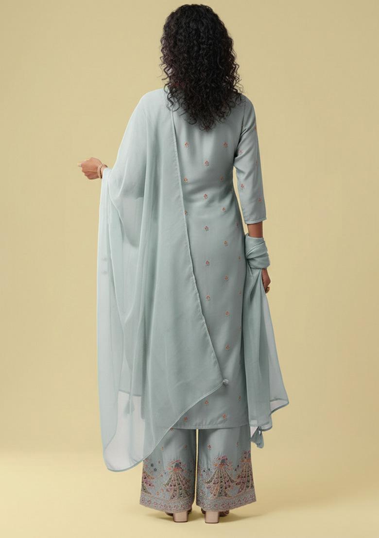 Ice Blue Embroidered Silk Blend Straight Kurta Set - Indya