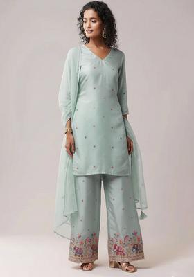 Powder Blue Embroidered Silk Blend Straight Kurta Set
