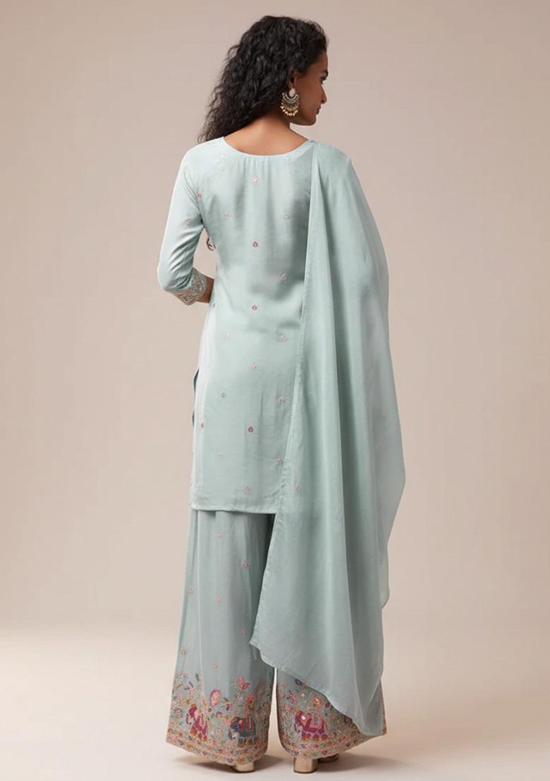 Powder Blue Embroidered Silk Blend Straight Kurta Set - Indya