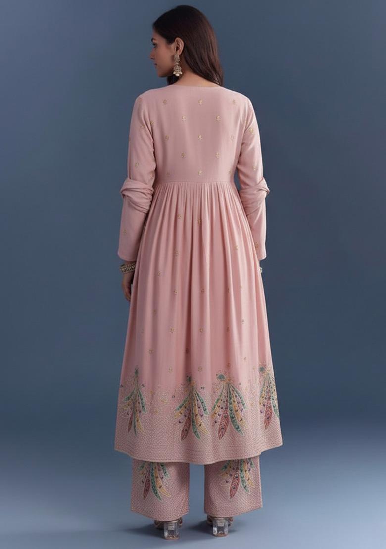 Blush Pink Embroidered Silk Blend Anarkali Set - Indya