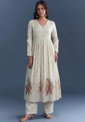 Off White Embroidered Silk Blend Anarkali Set