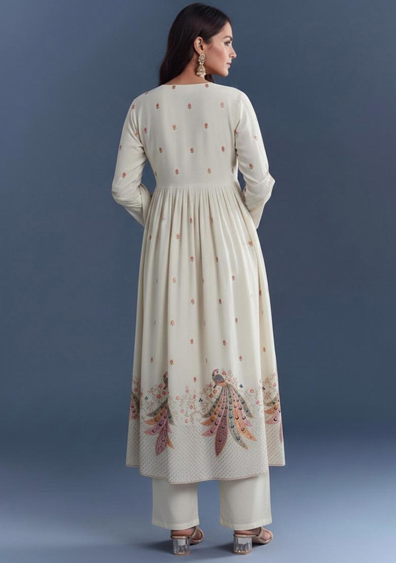 Off White Embroidered Silk Blend Anarkali Set - Indya