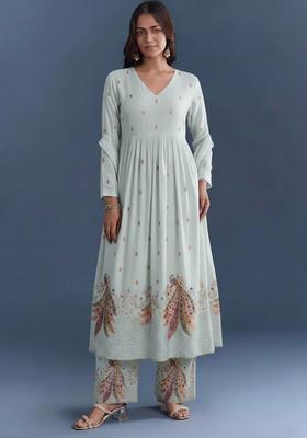 Ice Blue Embroidered Silk Blend Anarkali Set