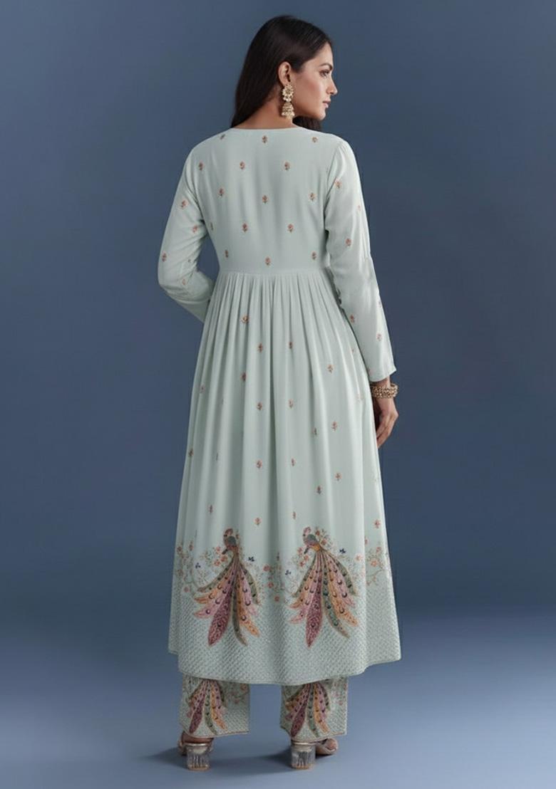Ice Blue Embroidered Silk Blend Anarkali Set - Indya