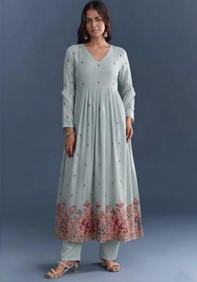 Powder Blue Embroidered Silk Blend Anarkali Set