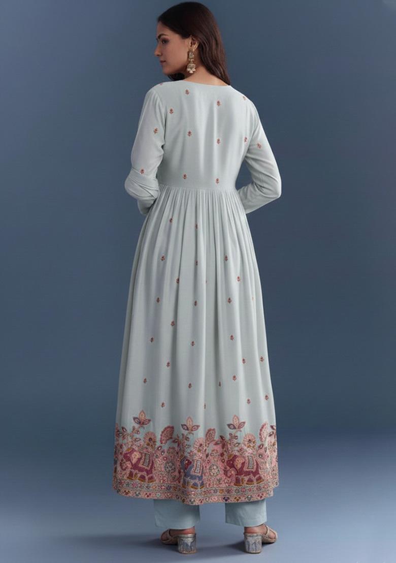 Powder Blue Embroidered Silk Blend Anarkali Set - Indya