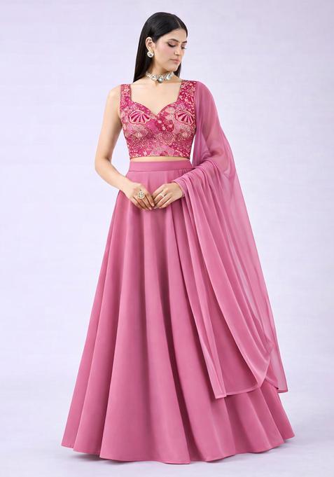 Blush Pink Floral Print Crepe Lehenga Set