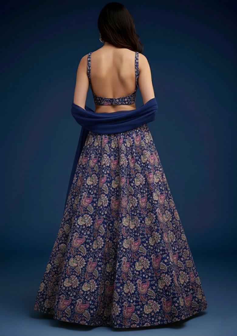 Navy Blue Floral Print Crepe Lehenga Set - Indya