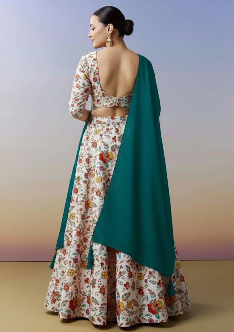 Multicolor Floral Print Crepe Lehenga Set - Indya