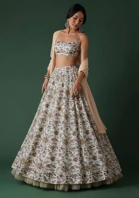 Ivory Floral Print Crepe Lehenga Set