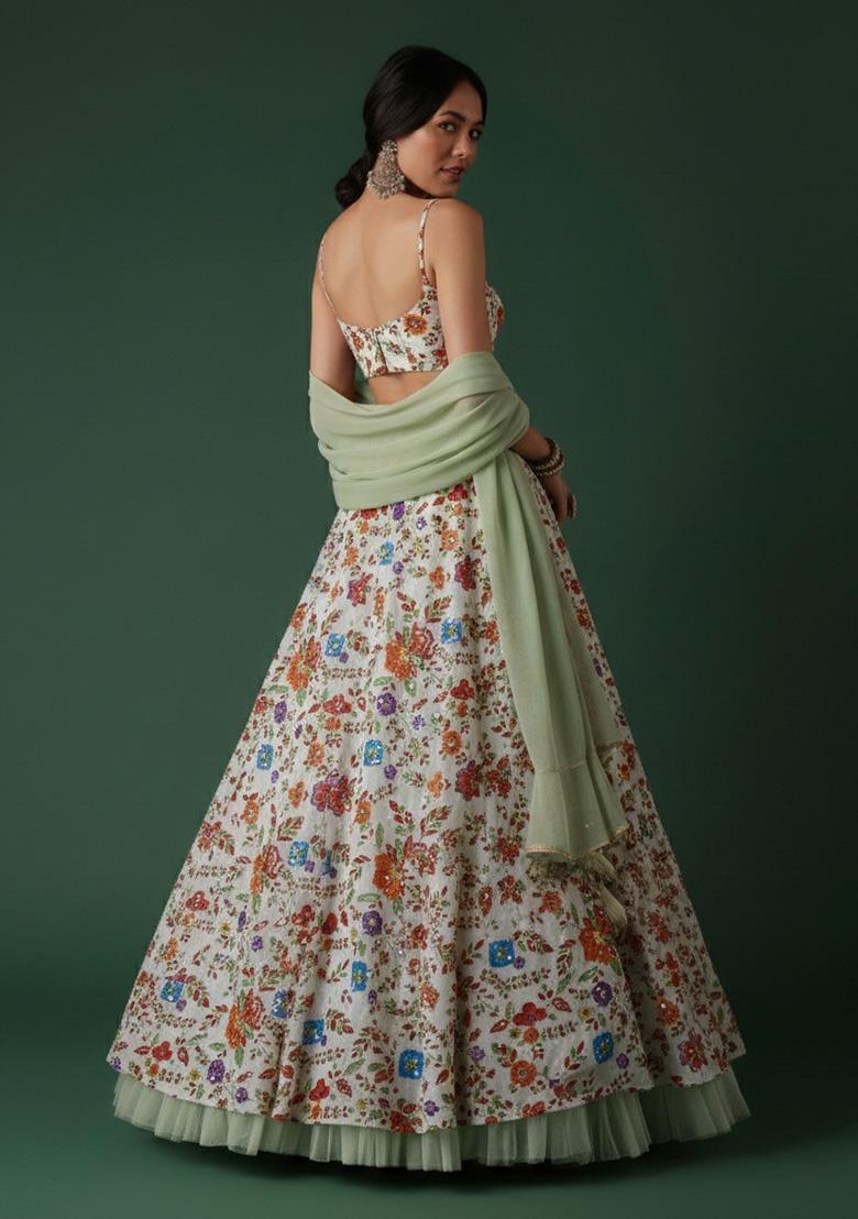 Multicolor Floral Print Crepe Lehenga Set - Indya