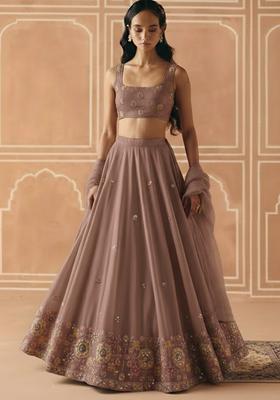 Dusty Mauve Embroidered Tissue Lehenga Set