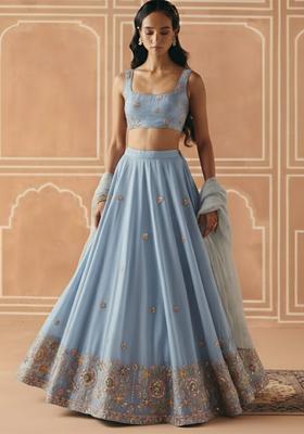 Powder Blue Embroidered Tissue Lehenga Set