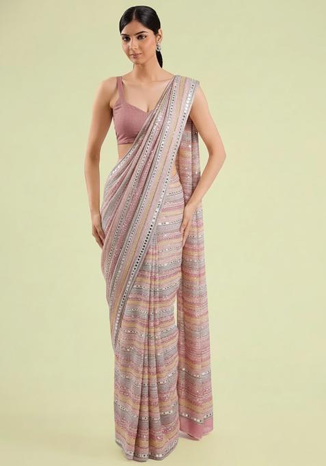 Blush Pink Embellished Georgette&nbsp; Pre Draped Saree Set