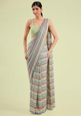 Pista Green Embellished Georgette&nbsp; Pre Draped Saree Set