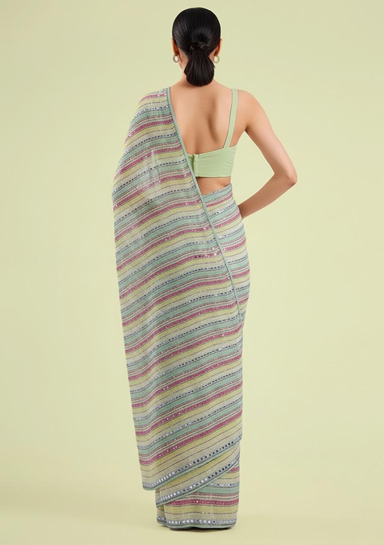 Pista Green Embellished Georgette&nbsp; Pre Draped Saree Set - Indya