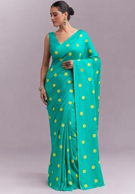 Teal Blue Printed Satin Pre Draped Saree Set
