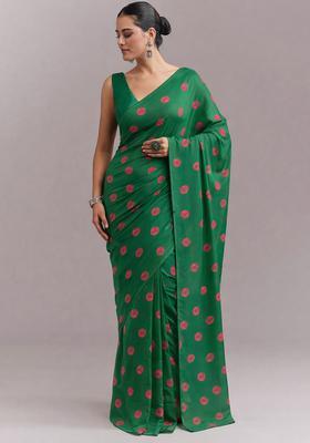 Dark Green Printed Satin Pre Draped Saree Set