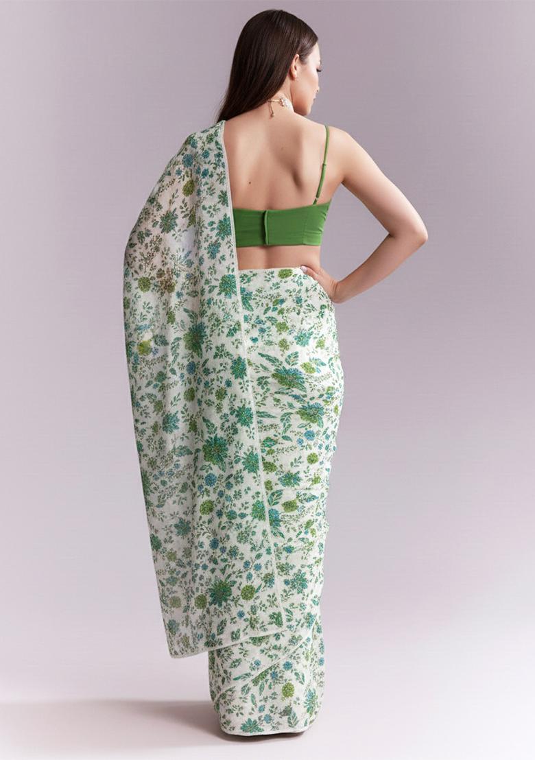 Green Floral Print Crepe Pre Draped Saree Set - Indya