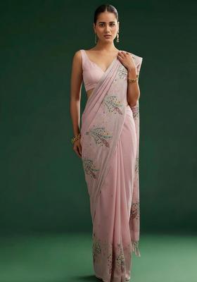 Baby Pink Embroidered Silk Blend Pre Draped Saree Set