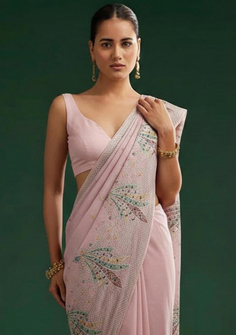 Baby Pink Embroidered Silk Blend Pre Draped Saree Set - Indya