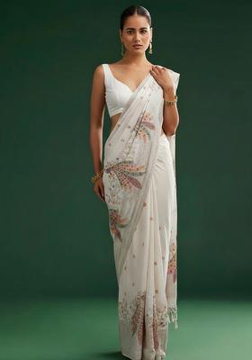 Ivory Embroidered Silk Blend Pre Draped Saree Set