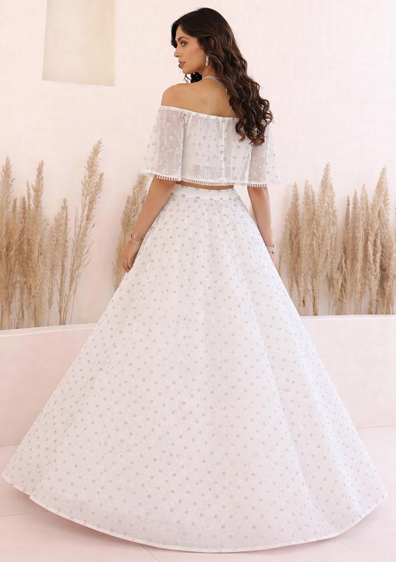 White Embroidered Georgette Lehenga Set - Indya