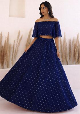 Navy Blue Embroidered Georgette Lehenga Set