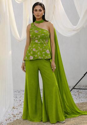 Leaf Green Embroidered Crepe Sharara Set