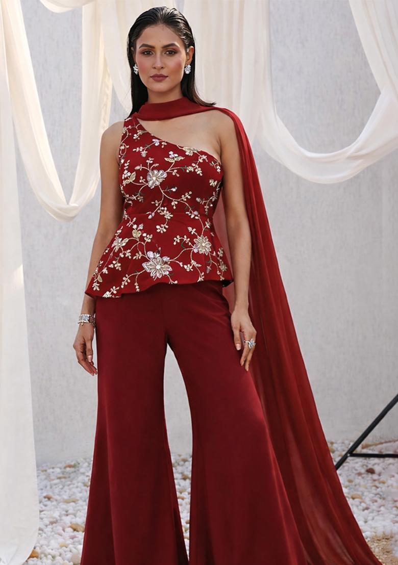 Deep Red Embroidered Crepe Sharara Set - Indya