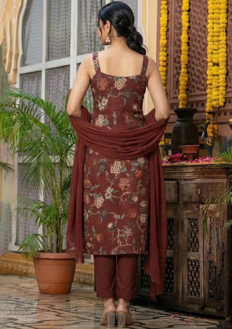 Maroon Floral Print Silk Blend Straight Kurta Set - Indya