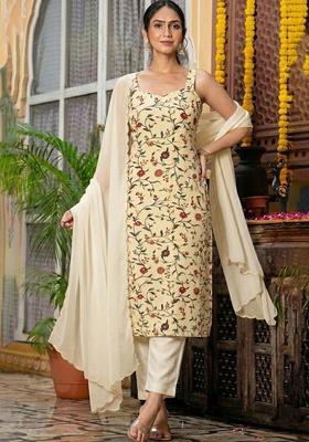 Cream Floral Print Silk Blend Straight Kurta Set