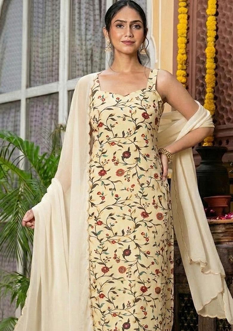 Cream Floral Print Silk Blend Straight Kurta Set - Indya
