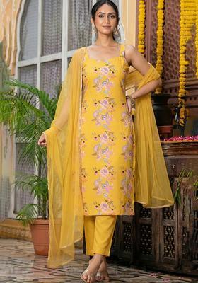Butter Yellow Floral Print Silk Blend Straight Kurta Set