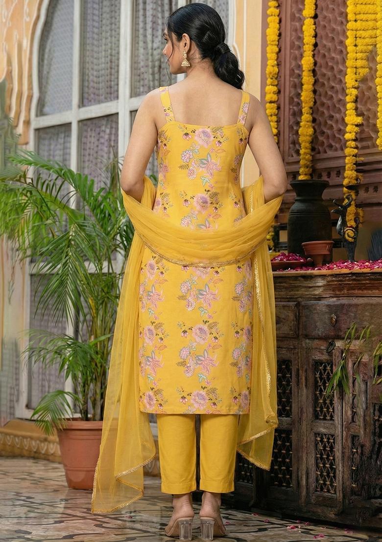 Butter Yellow Floral Print Silk Blend Straight Kurta Set - Indya
