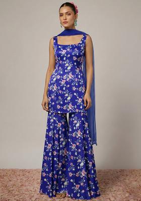 Purple Floral Print Satin Sharara Set