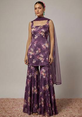 Purple Floral Print Satin Sharara Set