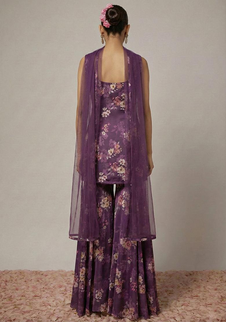 Purple Floral Print Satin Sharara Set - Indya